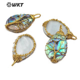 WT-JP147 Abalone Shell Teardrop Paua Shell With Wire Wrapped Tree Of Life Necklace Pendant