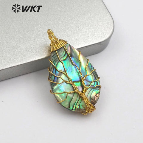 WT-JP147 Abalone Shell Teardrop Paua Shell With Wire Wrapped Tree Of Life Necklace Pendant