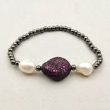 WT-MB054 5Pieces Genuine Pearl Beads Pendant Cubic Zircon Micro Pave Connector Elastic Bracelet