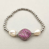 WT-MB054 5Pieces Genuine Pearl Beads Pendant Cubic Zircon Micro Pave Connector Elastic Bracelet