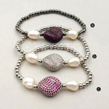 WT-MB054 5Pieces Genuine Pearl Beads Pendant Cubic Zircon Micro Pave Connector Elastic Bracelet