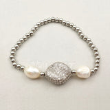 WT-MB054 5Pieces Genuine Pearl Beads Pendant Cubic Zircon Micro Pave Connector Elastic Bracelet