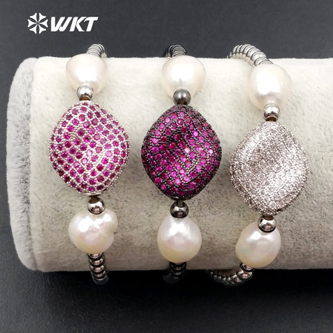 WT-MB054 5Pieces Genuine Pearl Beads Pendant Cubic Zircon Micro Pave Connector Elastic Bracelet