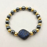 WT-MB055 WKT Hematite Beads Square Shape CZ Micro Pave Elastic Pendant Bracelet