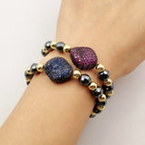 WT-MB055 WKT Hematite Beads Square Shape CZ Micro Pave Elastic Pendant Bracelet