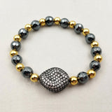 WT-MB055 WKT Hematite Beads Square Shape CZ Micro Pave Elastic Pendant Bracelet