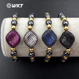 WT-MB055 WKT Hematite Beads Square Shape CZ Micro Pave Elastic Pendant Bracelet