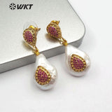 WT-ME069 Pink blue stone water drop shape pearl Earrings