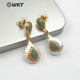 WT-ME069 Pink blue stone water drop shape pearl Earrings