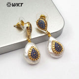 WT-ME069 Pink blue stone water drop shape pearl Earrings