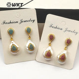 WT-ME069 Pink blue stone water drop shape pearl Earrings