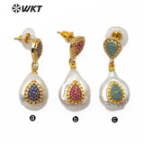 WT-ME069 Pink blue stone water drop shape pearl Earrings