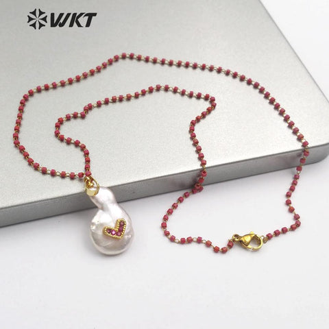 WT-MN952 natural freshwater pearl＆CZ Pendant Necklace drop shape pearl Necklace