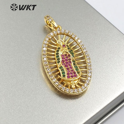 WT-MP110 Catholicism Token Virgin De Gudalupe Oval Medal With Colorful Micro Pave Pendant Necklace