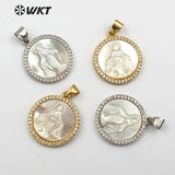 WT-MP113 Blessed Virgin Mary Miraculous Medal Round Charm Cubic Zirconia Shell De Guadalupe Pendant