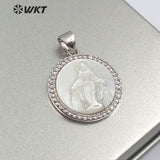 WT-MP113 Blessed Virgin Mary Miraculous Medal Round Charm Cubic Zirconia Shell De Guadalupe Pendant