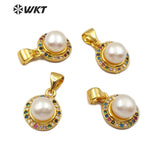 WT-MP121 Natural Freshwater Pearl CZ Pave Pendant With White Pearl Charm