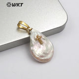 WT-MP126 Natural Freshwater White Pearl With Heart & Cross Charm CZ Pave Pearl Necklace Pendant