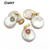 WT-MP126 Natural Freshwater White Pearl With Heart & Cross Charm CZ Pave Pearl Necklace Pendant