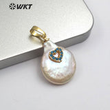 WT-MP126 Natural Freshwater White Pearl With Heart & Cross Charm CZ Pave Pearl Necklace Pendant