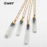 Natural selenite with blue kynite charm Necklace Pendant with Pinch chain