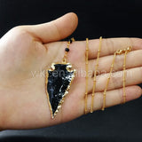 WT-N676 22.5inch beads gold chain necklace natural black obsidian arrowhead design