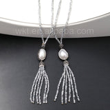 WT-NV126 32" silver Glass faceted beads tassel Pearl Necklaces