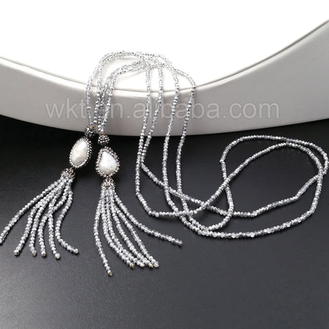 WT-NV126 32" silver Glass faceted beads tassel Pearl Necklaces