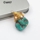 WT-P1444 Natural Turquoise Raw Howlite Stone With Brass Wire Wrapped White Beads Necklace Pendant