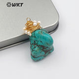 WT-P1444 Natural Turquoise Raw Howlite Stone With Brass Wire Wrapped White Beads Necklace Pendant