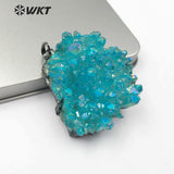 WT-P1446 Aqua Aura Quartz Raw Blue Color Quartz With Gun Black Plated Necklace Pendant