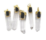 WT-P1447 Crystal Quartz Pendant With Black Tourmaline Charm Gold Capped Pendant Necklace