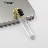 WT-P1447 Crystal Quartz Pendant With Black Tourmaline Charm Gold Capped Pendant Necklace