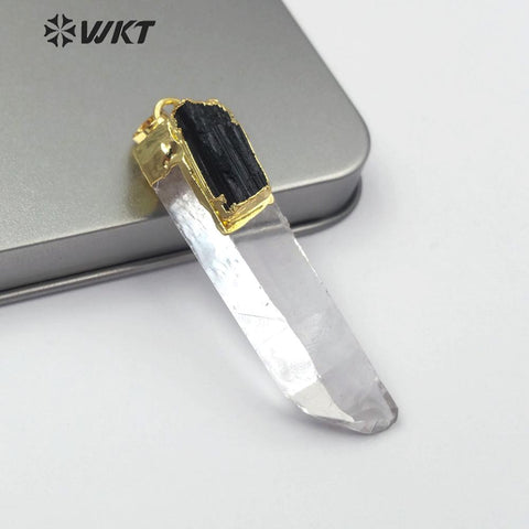 WT-P1447 Crystal Quartz Pendant With Black Tourmaline Charm Gold Capped Pendant Necklace