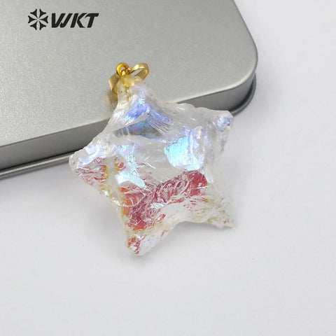 WT-P1461 Natural raw crystal quartz stars shape with gold Pendant