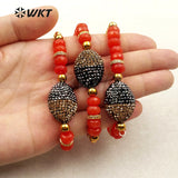 WT-RB030 WKT Oval Shape Natural Red Stone Rhinestone Pave Pendant Bracelet