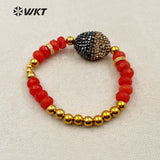 WT-RB030 WKT Oval Shape Natural Red Stone Rhinestone Pave Pendant Bracelet