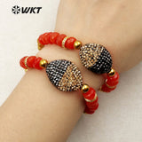 WT-RB030 WKT Oval Shape Natural Red Stone Rhinestone Pave Pendant Bracelet