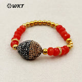 WT-RB030 WKT Oval Shape Natural Red Stone Rhinestone Pave Pendant Bracelet