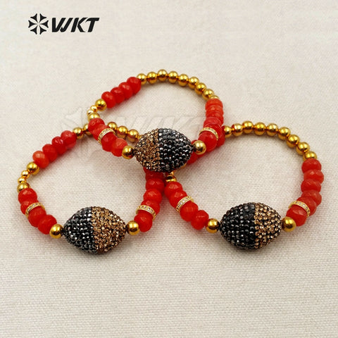 WT-RB030 WKT Oval Shape Natural Red Stone Rhinestone Pave Pendant Bracelet