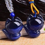 Wholesale Dark Blue Cat's Eye Stone Pendants Carved Big Head Fox Sweater Chain Necklace Lucky for Women men Crystal Jewelry