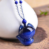 Wholesale Dark Blue Cat's Eye Stone Pendants Carved Big Head Fox Sweater Chain Necklace Lucky for Women men Crystal Jewelry