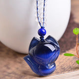 Wholesale Dark Blue Cat's Eye Stone Pendants Carved Big Head Fox Sweater Chain Necklace Lucky for Women men Crystal Jewelry