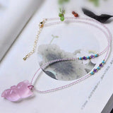 Light Pink Natural Crystal Pendants Carved Meng Fox Pendant Chain Necklace