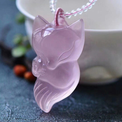 Light Pink Natural Crystal Pendants Carved Meng Fox Pendant Chain Necklace