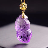 925 Silver Chain Light Purple Natural Crystal Carved Peanut Pendant Necklace