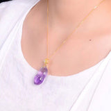 925 Silver Chain Light Purple Natural Crystal Carved Peanut Pendant Necklace