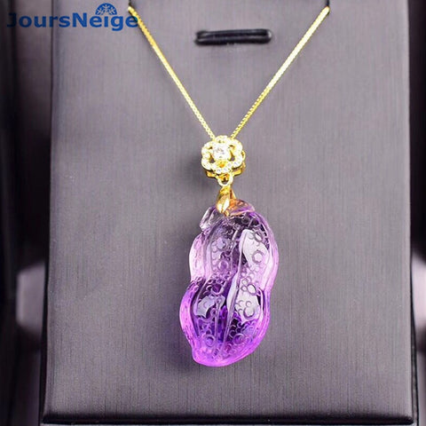 925 Silver Chain Light Purple Natural Crystal Carved Peanut Pendant Necklace