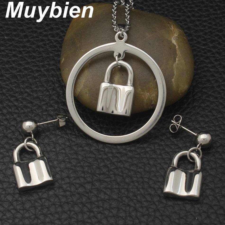 Stainless Steel Silver Lock color Pendant Earrings Jewelry Sets SEUJBJAI