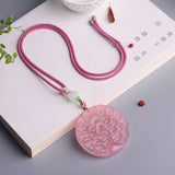 Pink Natural Crystal Pendants Carved Peacock Pendants Sweater Chain Necklace